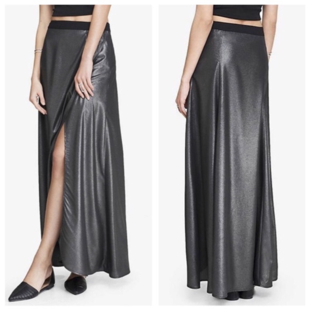 🥥NWOT Express Metallic Silver Maxi slit skirt